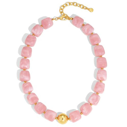 Chunky Colorful Beaded Choker Necklace for Women, Summer Beach Statement Resin Beads Necklace, Trendy Womens Summer Beach Jewelry Birthday Gifts for Vacation Holiday - color: Square Soft Pink Bead