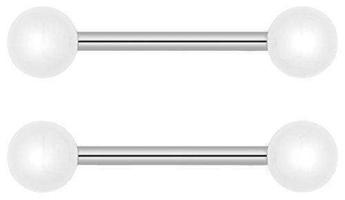 Forbidden Body Jewelry 14g 16mm (5/8 Inch) Hypoallergenic Titanium Double Ball Nipple & Tongue Ring Barbells - style: White
