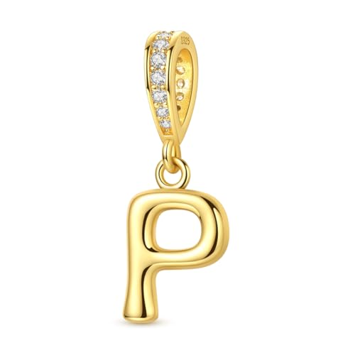 Hapour Gold Initial Letter Charms 925 Sterling Silver Alphabet Beads | 14K Gold Plated, A-Z Letter Charms, For Bracelets Necklace, Cubic Zirconia, DIY Dangle Pendant Beads, For Women Mom - color: Golden initial letter P