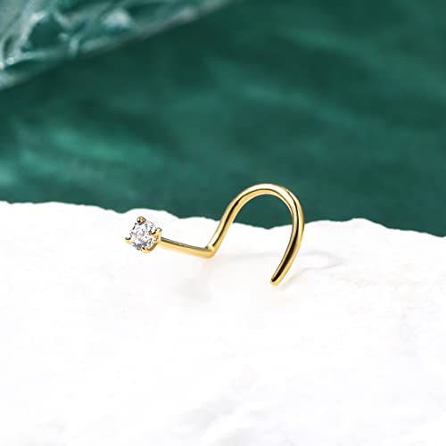 COCHARM 10k Solid Gold Clear CZ Nose Stud 20g 10K Yellow Gold Nose Screw Nose Rings Hypoallergenic S Shape Nose Piercing For Women Men - color: Clear