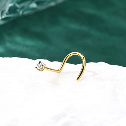 COCHARM 10k Solid Gold Clear CZ Nose Stud 20g 10K Yellow Gold Nose Screw Nose Rings Hypoallergenic S Shape Nose Piercing For Women Men - color: Clear
