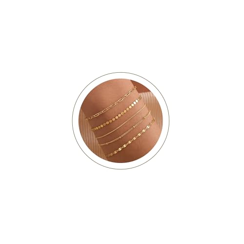 Dainty 14K Gold Plated Bracelets for Women Waterproof, Non Tarnish Gold Jewelry Sets, Thin Stackable Link Paperclip Chain Bracelet Pack Fashion Accessories Gifts for Womens - style: 5Pcs BRACELET SET-01