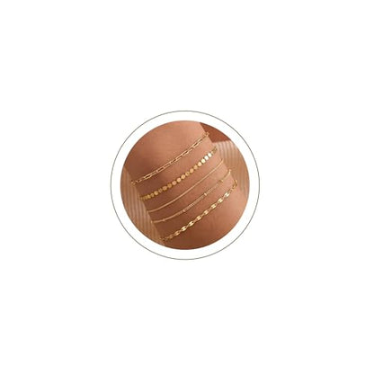 Dainty 14K Gold Plated Bracelets for Women Waterproof, Non Tarnish Gold Jewelry Sets, Thin Stackable Link Paperclip Chain Bracelet Pack Fashion Accessories Gifts for Womens - style: 5Pcs BRACELET SET-01