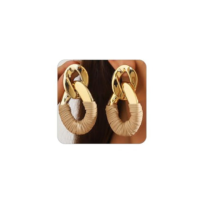 Chunky Gold Acrylic Chain Statement Earrings for Women,Exaggerated Thick Chain Artificial Leather Wrap Dangle Earrings Trendy Geometric Ear Jewelry - color: Brown