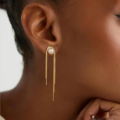 Robaice 14K Gold Plated Dangle Earrings for Women, Long Drop Earrings | Dainty Tassel Earrings Trendy, Hypoallergenic Dangling Lip Block Snake Chain, Threader Earrings for Women, Jewelry Gifts - color: Gold 2