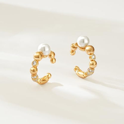 MEVECCO Ear Cuffs Non Piercing 18K Gold Plated Ear Cuff Earring Sets Clip on Cartilage Cubic Zirconia Pearl Minimalist Hypoallergenic Fake Hoop Earrings Stack Women Gifts - style: 2pcs-Pearl