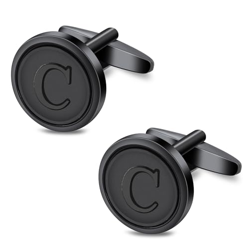 Initial Letter A-Z Cufflinks for Men Silver/Gold/Black Cufflinks 26 Alphabet Letter Copper Cufflinks for Formal Occasions Gifts Anniversary Business Wedding for Bridegroom Groomsmen - size: Black, style: Initial: C