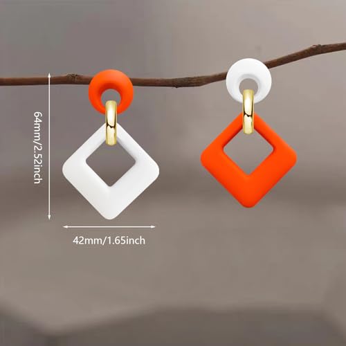 70s 80s Vintage Resin Neon Square Dangle Drop Earrings Simplicity Acrylic Hollow Round Circle Geometry Stud Earrings for Women - style: Orange White