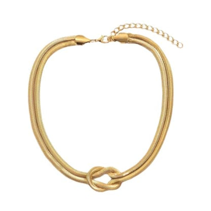 Silver Tone Double Chain Snake Knot Choker Necklace for Women, Adjustable Mesh Layered Jewelry Set - color: golden