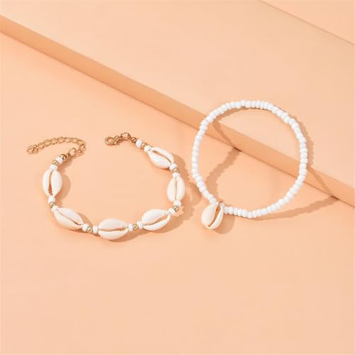 Shell Ankle Bracelet Set for Women,Boho Adjustable Beads Anklet Pack Natural White Shells Stack Stretch Seashell Pearl Starfish Bracelet Set Hawaiian Beach Vacation Foot Jewelry - style: N-Beads Shell