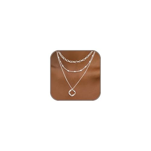 Airmb Gold Layered Necklaces for Women 14k Gold Plated Dainty Stackable Choker Necklaces for Women Trendy Layering Chain Cute Pendant Necklace Set Gold Jewelry for Women - color: 3PCS-Circle-Silver
