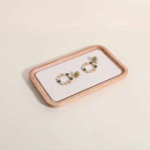 velvet Jewelry organizer tray, Beech wood Jewelry Display Plate, Beige Jewelry Viewing Tray, Jewelry showcase tray for Necklace Bracelet Ring Earring stand holder (Cream-Medium,7.1x 5.1 in) - size: Medium