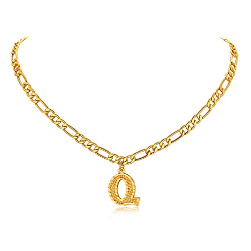 14K Gold Plated Initial Necklaces for Women Men A-Z Letter Necklaces | Figaro Chain, 16"+2" Adjustable Length, with Gift Box - style: Q