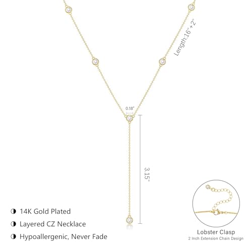 Luxval Lariat Gold Necklace for Women, Dainty Long Necklace 14k Gold Plated/Silver Y-Shaped Pendant Necklaces Trendy Beaded Chain Drop Necklaces Jewelry for Women Gifts - color: Gold-Six CZ