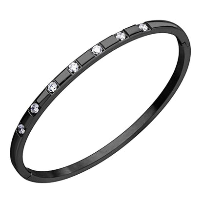 555Jewelry Stainless Steel Thin CZ Cuff Hinged Bangle Bracelet for Women - color: Black