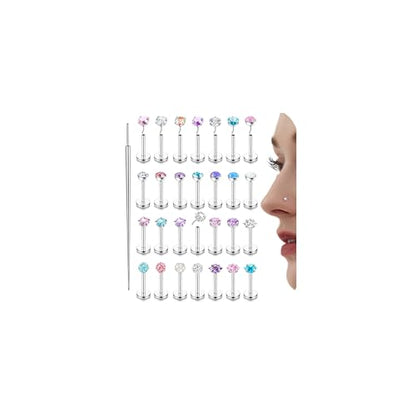 Nose Rings Studs Flat Back Earrings Hypoallergenic - Threadless Surgical Steel Nose Ring Studs Cartilage Earring Monroe Nostril Labret Medusa Tragus Conch Helix Piercing Jewelry for Women Men 28Pcs - size: 16G-8MM