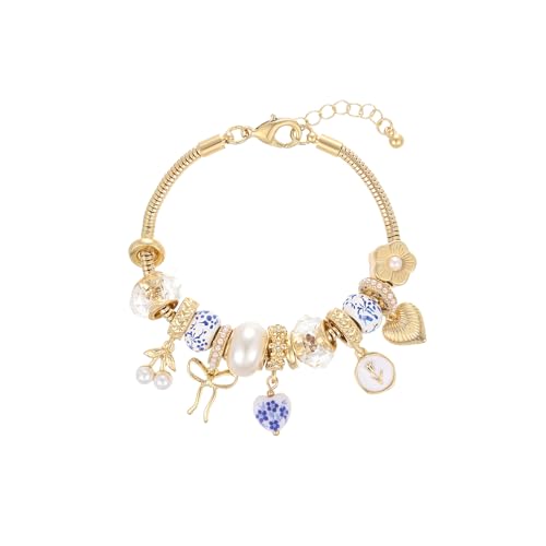 Charm Bracelet Gold Bracelets for Women Gifts | LOVE Heart Hollow Flower Bow Pink Green Square Gemstone Beaded Charm Bracelet Cute Adjustable Bracelet Jewelry - style: Blue Heart