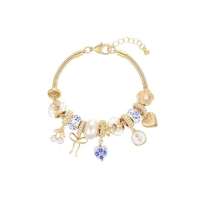 Charm Bracelet Gold Bracelets for Women Gifts | LOVE Heart Hollow Flower Bow Pink Green Square Gemstone Beaded Charm Bracelet Cute Adjustable Bracelet Jewelry - style: Blue Heart