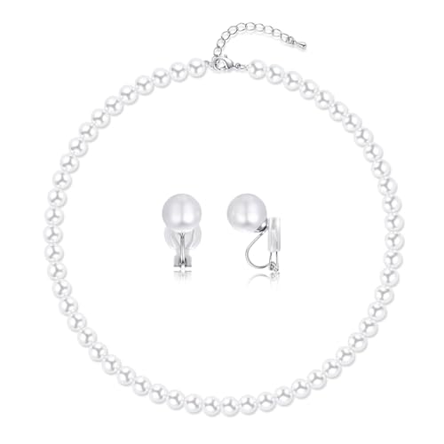 8mm 10mm Faux Pearl Necklace Earrings Set for Women White Black Round Glass Pearl Wedding Jewelry Gifts - color: White Pearl-Ear Clip Set, size: 8mm