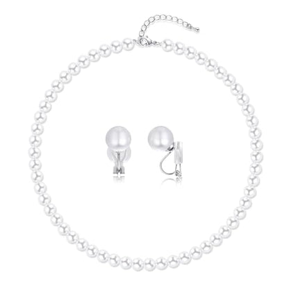 8mm 10mm Faux Pearl Necklace Earrings Set for Women White Black Round Glass Pearl Wedding Jewelry Gifts - color: White Pearl-Ear Clip Set, size: 8mm