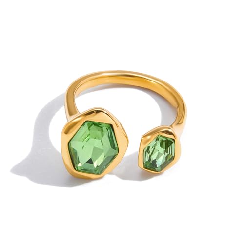 18k Gold Plated Green Crystal Geometry Ring for Women Stainless Steel Chunky Sparkly Cubic Zirconia Hexagon Stackable Statement Adjustable Open Finger Band Rings Comfort Fit Holiday Party Jewelry