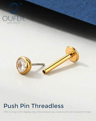 OUFER 2Pcs 20G/18G/16G G23 Titanium Threadless Nose Stud Earrings Flat Back Tiny CZ Small Nose Helix Cartilage Tragus Conch Labret Medusa Monroe Piercing Jewelry for Women Men - color: Gold, size: 2pcs, 16g 5mm, 3mm cz