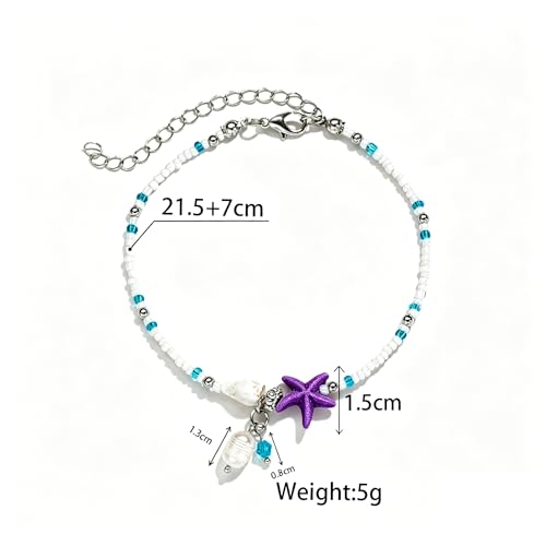 Beaded Ankle Bracelets for Women Boho Starfish Shell Pearl Beaded Ankle Bracelets Stacked Strench Silver Ankle Bracelet Non Tarnish Adjustable Hawaiian Summer Beach Surfer Foot Jewelry - color: Purple