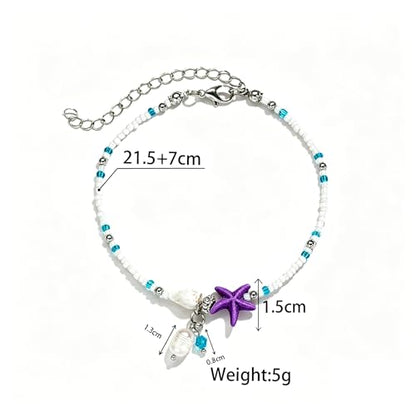 Beaded Ankle Bracelets for Women Boho Starfish Shell Pearl Beaded Ankle Bracelets Stacked Strench Silver Ankle Bracelet Non Tarnish Adjustable Hawaiian Summer Beach Surfer Foot Jewelry - color: Purple