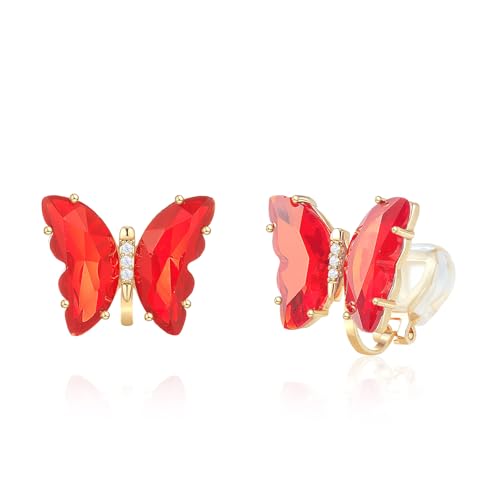YOQUCOL Butterfly Shape Crystal Clip On Earrings Non Pierced Golden Stud for Women - color: Red