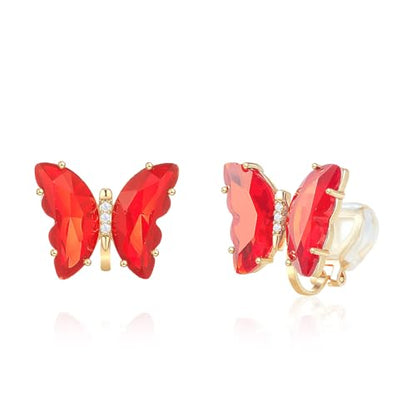 YOQUCOL Butterfly Shape Crystal Clip On Earrings Non Pierced Golden Stud for Women - color: Red