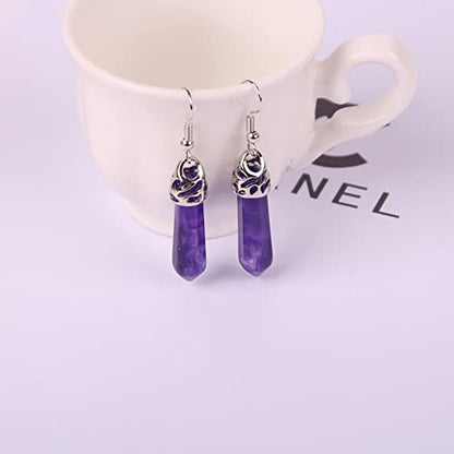 12Pcs Amethyst Bullet Shape Gemstone Pendants Hexagonal Chakra Crystal Pointed Quartz Charms with Platinum Alloy Loop 33~40x8~9mm for Necklace Earring Bracelet Making - color: 1-Bullet-Purple Amethyst
