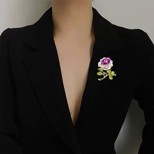Gradient Purple Rose Flower Brooch Enamel Crystal Floral Lapel Pin Gold Tone Elegant Brooch for Women Suit Coat Scarf Accessory - color: Violet Pink