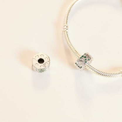 KEQ Clip Spacer Charm for Bracelet 925 Silver Pave Cubic Zirconia Clip Lock Stopper Bead Spacer For Women Bracelets Stopper Birthday Gifts European Openable Beads 2pcs - color: Monstera