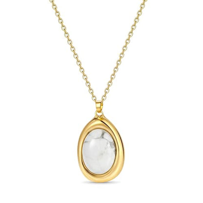 Colorful Natural Stone Necklaces for Women Trendy 14K Gold Plated Oval Gemstone Pendant Statement Necklace Jewelry Gifts for Women - color: White