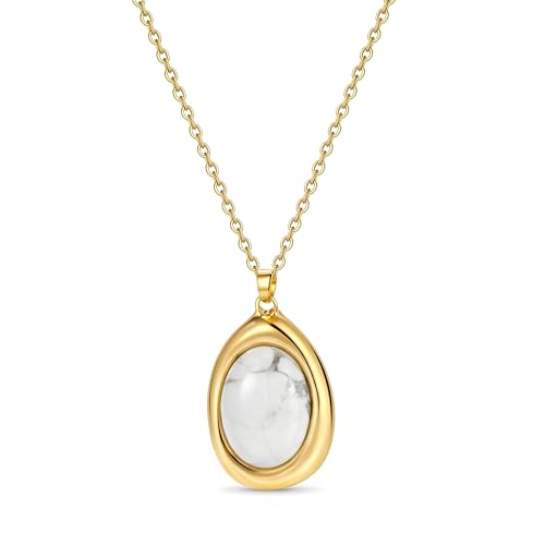 Colorful Natural Stone Necklaces for Women Trendy 14K Gold Plated Oval Gemstone Pendant Statement Necklace Jewelry Gifts for Women - color: White