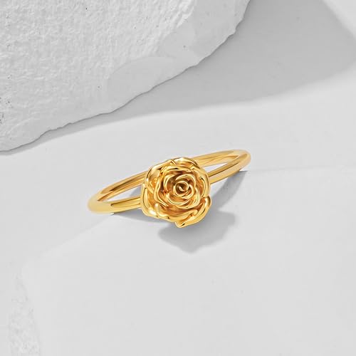 Birth Flower Stacking Ring for Women | 14K Gold Plated Brass, 12 Engraved Floral Motifs, Slim Stack-Ready Band, Available in US Sizes 5-9 - style: Jun.-Rose