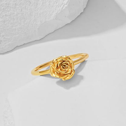 Birth Flower Stacking Ring for Women | 14K Gold Plated Brass, 12 Engraved Floral Motifs, Slim Stack-Ready Band, Available in US Sizes 5-9 - style: Jun.-Rose