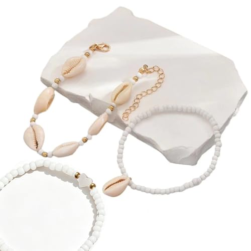 3PCS Boho Anklets for Women Summer Beach Women's Ankle Bracelets Beaded Anklet Bracelet Waterproof Beach Anklets Shell Starfish Anklet Foot Chain Jewelry for Women - color: 3PCS/white heart