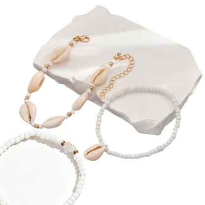 3PCS Boho Anklets for Women Summer Beach Women's Ankle Bracelets Beaded Anklet Bracelet Waterproof Beach Anklets Shell Starfish Anklet Foot Chain Jewelry for Women - color: 3PCS/white heart