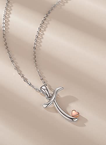 CELESTIA 925 Sterling Silver Initial Necklaces 26 Letter with Rose Gold Heart - 18 Inch Chain - color: T-Initial
