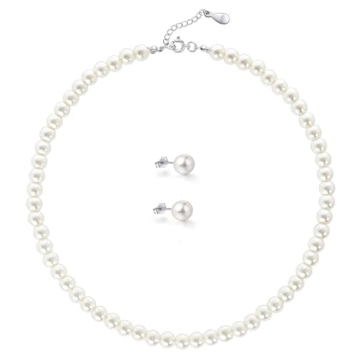 Sterling Silver Pearl Jewelry Set, 8mm Round Shell Pearl Choker Necklace & Stud Earrings, Hypoallergenic Pearl Jewelry with Velvet Pouch, Classic Pearl Accessories for Daily Wear, Wedding, Party & Gift for Women