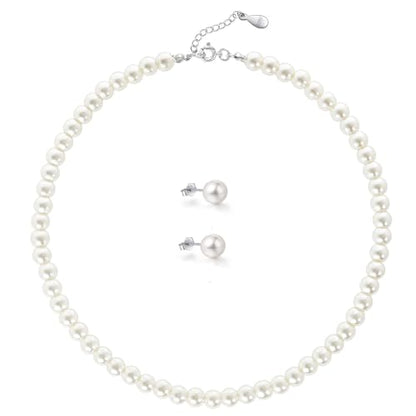 Sterling Silver Pearl Jewelry Set, 8mm Round Shell Pearl Choker Necklace & Stud Earrings, Hypoallergenic Pearl Jewelry with Velvet Pouch, Classic Pearl Accessories for Daily Wear, Wedding, Party & Gift for Women