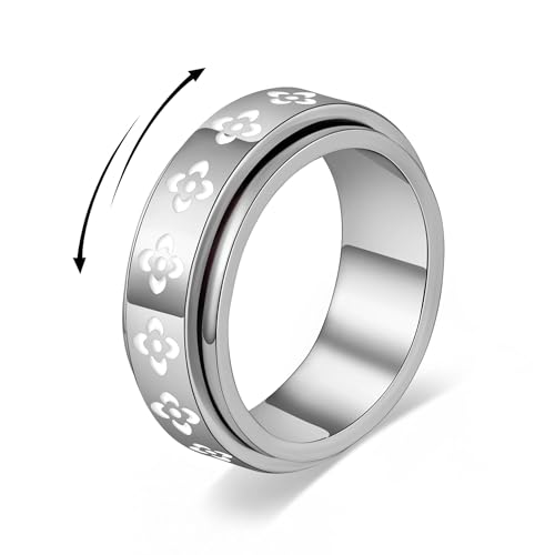 Fidget Anxiety Rings for Women 14K Gold Silver Plated Spinner Band Ring 8mm Thick Stainless Steel Statement Rings Jewelry Gifts Size 6-10 - color: Silver-Rotation