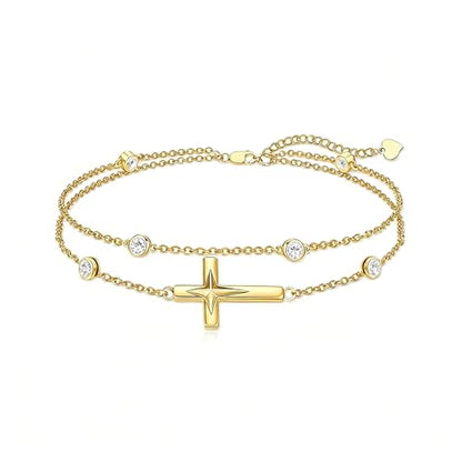 Midari 18K Yellow Gold Gemstone Birthstone Anklet Bracelet Cross Jewelry with 12 Months Birthstone Birthday Gifts for Women Wife Her Daughter Mom - color: 04-Apri-White CZ, size: Anklet 9"-11"