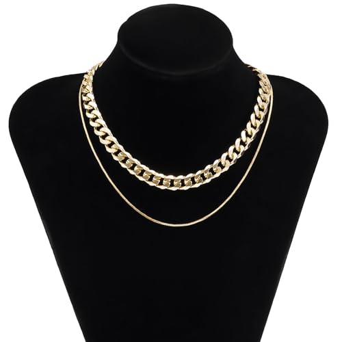 Gold Choker Necklace Dainty Cuban Link Necklace Simple Flat Snake Chain Necklace Layered Herringbone Necklace Hip Hop Jewelry for Women - style: Style-5