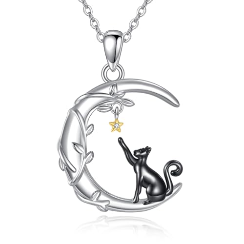 YAFEINI Moon Animal Necklace S925 Sterling Silver Owl/Fox/Red Panda/Possum/Snake/Dachshund Pendant Necklace Animal Jewelry Gifts for Women Mom Wife - style: Cat