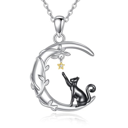 YAFEINI Moon Animal Necklace S925 Sterling Silver Owl/Fox/Red Panda/Possum/Snake/Dachshund Pendant Necklace Animal Jewelry Gifts for Women Mom Wife - style: Cat