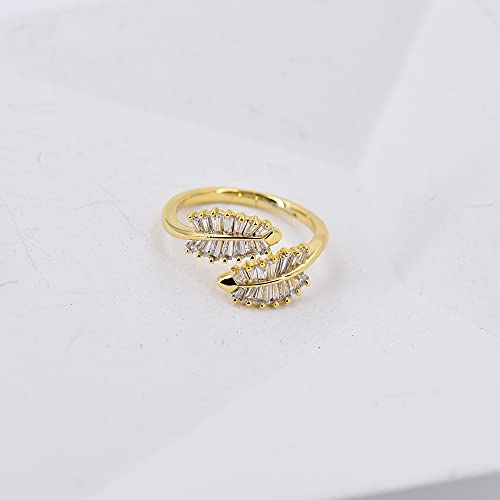 18K Gold Plated CZ Open Ring Double Leaf Wrap Rings Adjustable | CZ Stacking Ring in Gold | Unique Statement Ring Cocktail Party Ring Hypoallergenic - style: Small Leaf