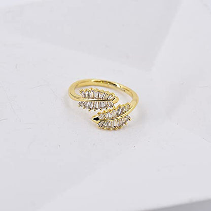 18K Gold Plated CZ Open Ring Double Leaf Wrap Rings Adjustable | CZ Stacking Ring in Gold | Unique Statement Ring Cocktail Party Ring Hypoallergenic - style: Small Leaf