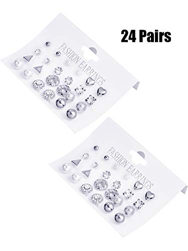 BBTO 24 Pairs Stud Earrings Crystal Pearl Earring Set Ear Stud Jewelry for Women Men - color: Sliver
